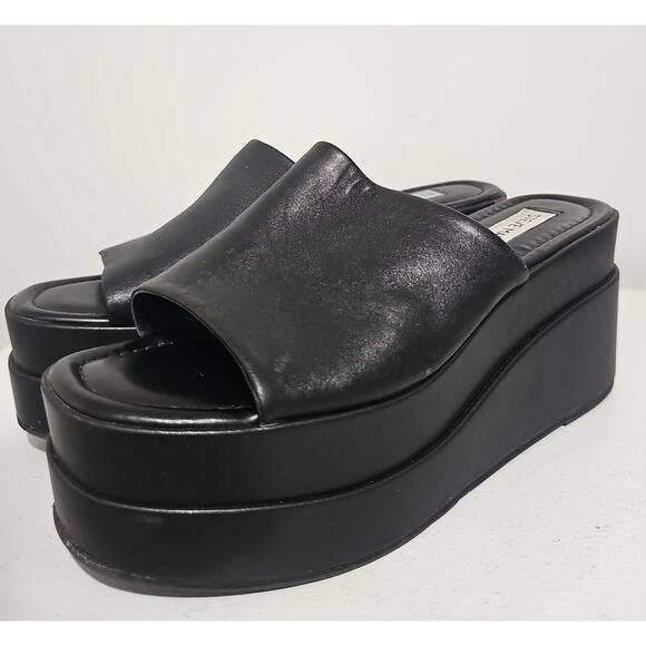 Steve Madden Black Platform Wedge Sandal Womens 7 Slip On Square Toe - Picture 9 of 15